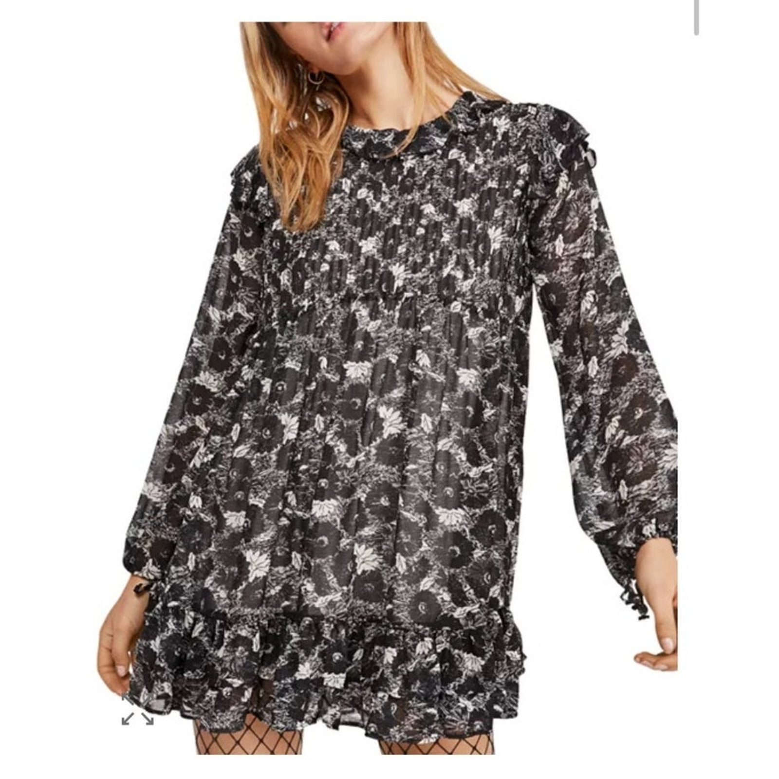 Free People These Dreams Ruffled Floral Long Sleeve Mini Dress - Xs